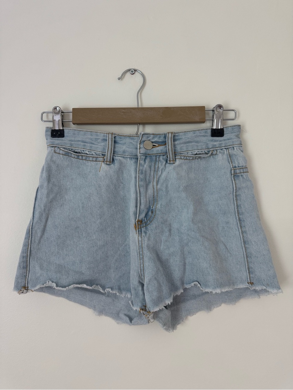 MESHKI Light Blue High-Rise Frayed Hem Denim Shorts